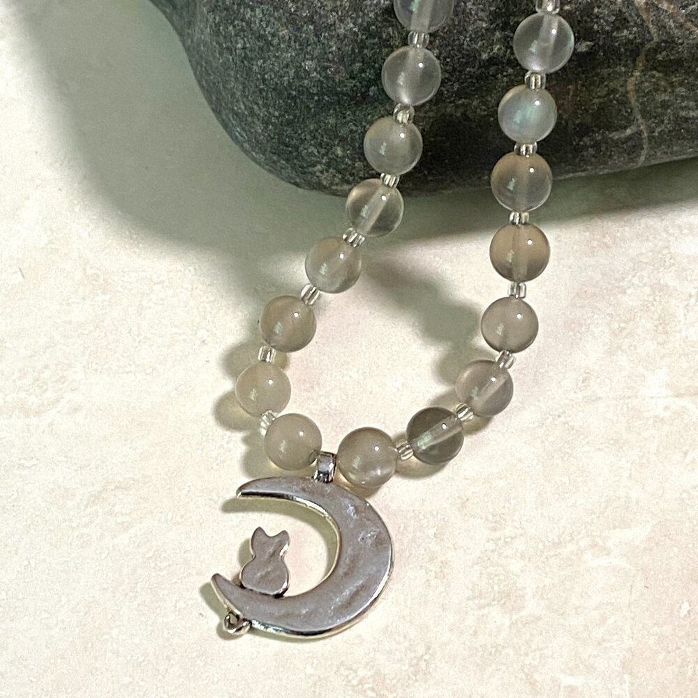 Dark Moonstone Silver Cat on the Moon Short Necklace, Genuine Gemstone Choker
